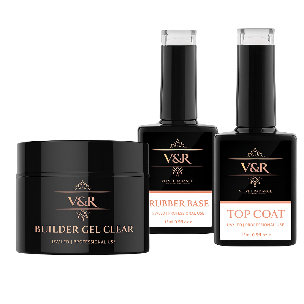 Builder Gel Combo Set – Clear Builder Gel, Top Coat & Rubber Base | Velvet Radiance